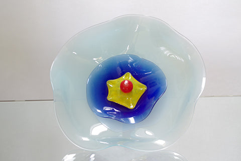 Large Light Blue Flower with Dark Blue, Yellow and red Centres