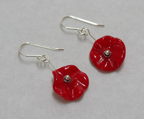 Opaque Red Glass Flower Earrings