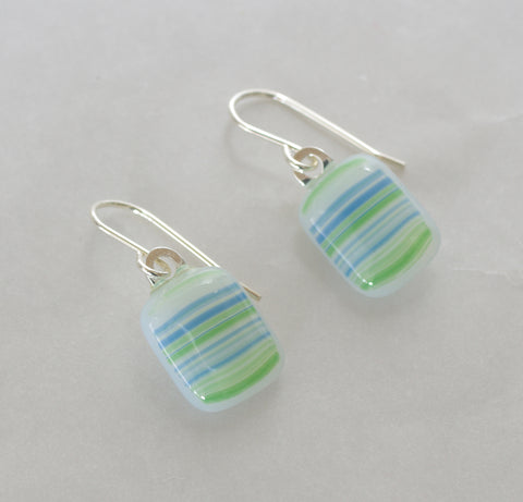 Blue, Green and White Fused Glass Earrings