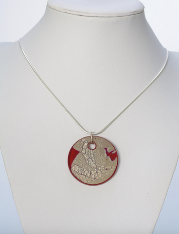 Red Silver Leaf Glass Pendant with Engraved design